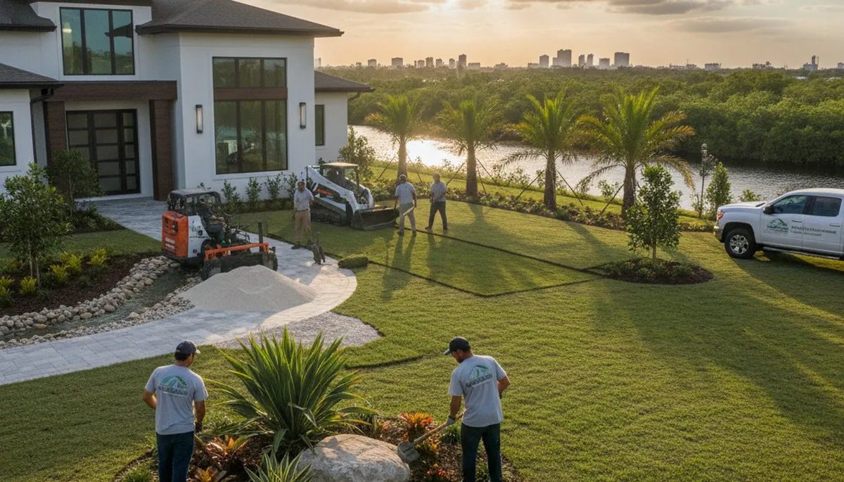 Landscaping crew providing lawn service in Palm Harbor, FL for a residential property