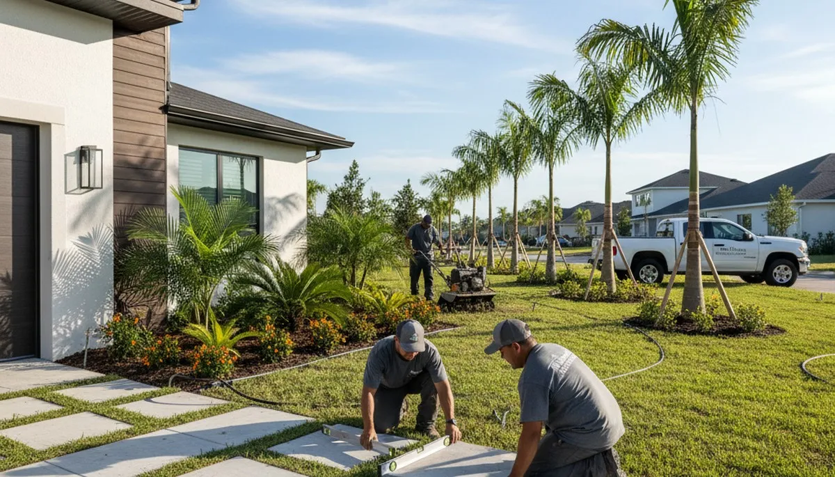 Landscaping crew providing lawn service in Palm Harbor, FL for a residential property