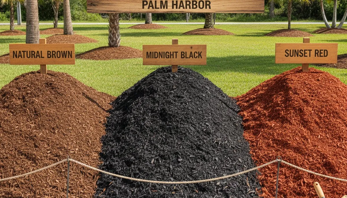 Brown, black, and red mulch options for Palm Harbor FL landscaping by Chop Chop Landscaping