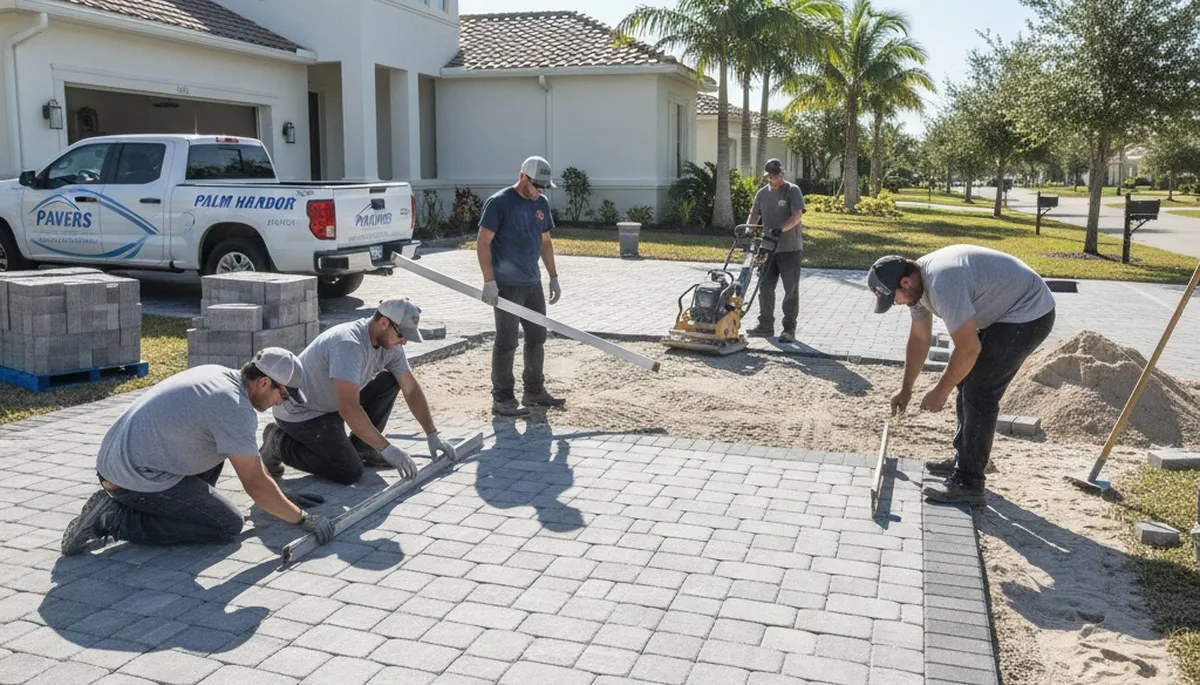 Workers installing driveway pavers in Palm Harbor, FL for professional landscaping service