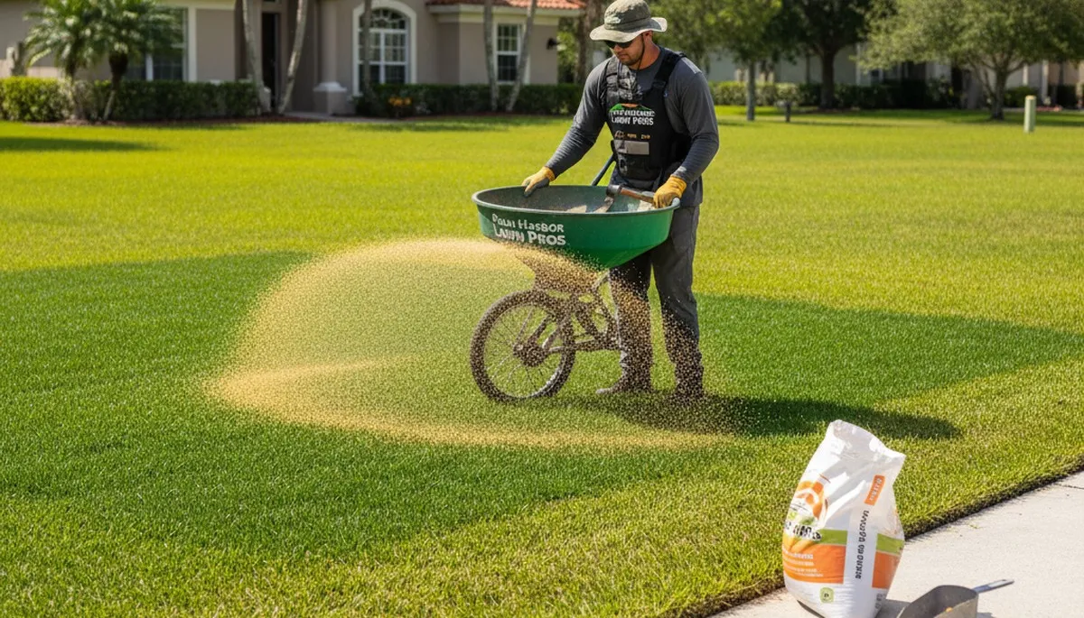 Lawn care technician spreading fertilizer evenly on residential turf in Palm Harbor, FL