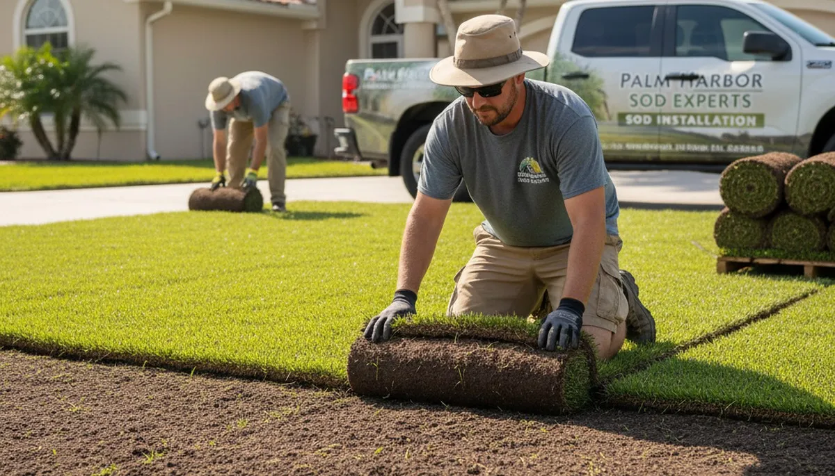 Professional landscaper installing sod rolls with precise technique in Palm Harbor, FL lawn