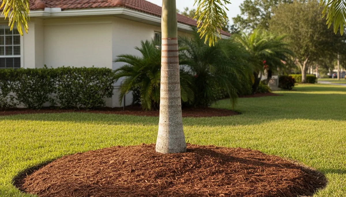 Professional tree ring mulching in Palm Harbor FL showcasing proper mulch depth and clean landscape finish